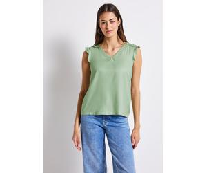 Spitzentop STREET ONE, Damen, Gr. 34, grün (soft jade grün), Stoff, Vorderseite: 100% Viskose; Rückseite: 95% Viskose, 5% Elasthan, unifarben, normal normal, V-Ausschnitt, Rüschen, Tops Spitzentop, au