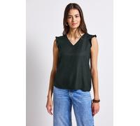 Spitzentop STREET ONE, Damen, Gr. 42, grün (pine grove grün), Stoff, Vorderseite: 100% Viskose; Rückseite: 95% Viskose, 5% Elasthan, unifarben, normal normal, V-Ausschnitt, Rüschen, Tops Spitzentop, a