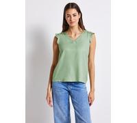 Spitzentop STREET ONE, Damen, Gr. 46, grün (soft jade grün), Stoff, Vorderseite: 100% Viskose; Rückseite: 95% Viskose, 5% Elasthan, unifarben, normal normal, V-Ausschnitt, Rüschen, Tops Spitzentop, au