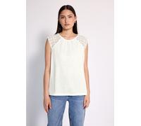Spitzentop STREET ONE STUDIO, Damen, Gr. 44, weiß (sanftes weiß), Stoff, 80% Polyester, 20% Viskose, unifarben, regular fit normal, Rundhals, abgesteppt, Tops Spitzentop, Rundhalsausschnitt (83544109-