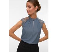 Spitzentop VERO MODA "VMMILLA SL LACE TEE", Damen, Gr. XS, blau (china blau), Jersey, Obermaterial: 95% Polyester, 5% Elasthan, unifarben, normal, Rundhals, Tops Spitzentop, Materialmix, regular fit (