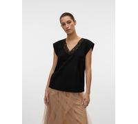 Spitzentop VERO MODA "VMSAFA SL V-NECK LACE TOP WVN GA NOOS", Damen, Gr. S (36), schwarz, Web, Obermaterial: 85% Viskose, 15% Nylon, unifarben, loose fit taillenbedeckt, V-Ausschnitt, Tops Spitzentop 