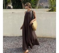 Spitzenträger Kleid, locker ärmellos Urlaubs Sommer Langes Kleid für Frauen Strandkleid aus Leinen, Lässiges Maxikleid für Damen