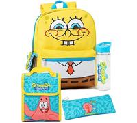 SPONGEBOB SQUAREPANTS Rucksack Set Kinder 4-teilig | Blau Gelbe Schultasche Patrick Lunchbox Gary Federmäppchen Logo Wasserflasche | TV-Show-Merchandise-Geschenke