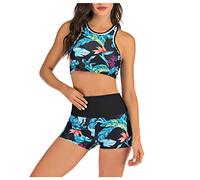 Sport Bikini Damen Set Sexy Bustier Bikinioberteile High Waist Bikinis Bademode Blumendruck Tankini-Set Strandmode Damen Sportliche Zweiteiliger Badeanzug Swimsuit mit Hotpants