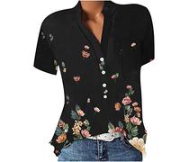 Sport Shirt Damen Kurzarm V-Ausschnitt Knopfleiste Bluse Longshirt Elegant Einfarbig/Blumen Tunika Oberteile Top Hemd Sommer Frühling Sexy Tops Damen Longbluse Damen Oberteile Damen Party