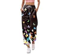Sporthose Damen, Damen Jogginghose Lang High Waist Sporthose mit Taschen Schmetterling Feder Drucken Trainingshose Modern Freizeithose Frauen Kordelzug Sweathose Sweatpants Laufhose (Z13-Black, XXL)
