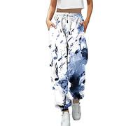 Sporthose Damen, Damen Jogginghose Lang High Waist Sporthose mit Taschen Schmetterling Feder Drucken Trainingshose Modern Freizeithose Frauen Kordelzug Sweathose Sweatpants (Z15-Light Blue, L)
