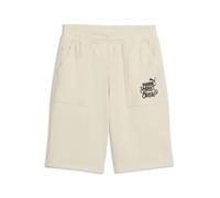 Sporthose PUMA "MID 90s Relaxed Lange Shorts Jungen", Mädchen, Gr. 152, Normalgrößen, alpine snow weiß, Obermaterial: 32% Polyester, 68% Baumwolle, bedruckt, relaxed fit, Hosen Sporthose (43810417-152