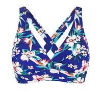Sportliches Damen-Bikinioberteil mit verstellbaren breiten Trägern für große Oberweite, gekreuzter Rücken, stützendes Bademode-Oberteil, blau, blumenmuster, M