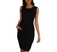 Sportliches Kleid für Damen, Alltag, lässiges Sommerkleid, Rundhalsausschnitt, ärmellos, Tankkleid, Strandkleid, Swing-Kleid, modisch, schmal, lässig, Party, Midi-Kleid, Freizeitkleid mit Taschen,