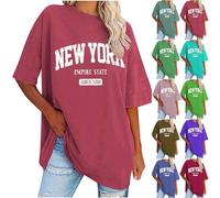 Sportshirt Damen Oversized Y2K Tshirt Sommer Kurzarm Shirts Vintage New York Briefdruck Longshirt Elegant Einfarbig Bluse Baumwolle Sommershirt Basic Rundhals Tee Tops Teenager Mädchen Streetwear