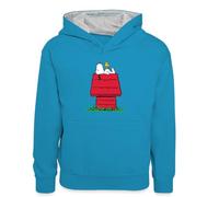 Spreadshirt Peanuts Snoopy Und Die Hundehütte Kinder Kontrast-Hoodie, S (5/6 Jahre), Pfauenblau/Grau meliert