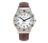 Sprechende Armbanduhr, analog, mit Alarm, Anzeige der Uhrzeit und Datum auf Französisch, für Blind- und Sehbehinderte, Armband aus braunem Leder TFBW-1602F