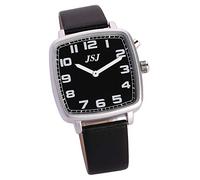 Sprechende Armbanduhr, analog, quadratisch, mit Alarmfunktion, Anzeige von Uhrzeit und Datum, schwarzes Zifferblatt, Armband aus schwarzem Leder, TFSW-1711F