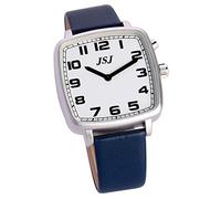 Sprechende Armbanduhr, analog, quadratisch, mit Weckfunktion, Anzeige von Uhrzeit und Datum, weißes Zifferblatt, Armband aus blauem Leder, TFSW-1705F