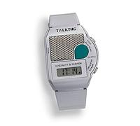 Sprechende Armbanduhr mit Weckfunktion, Repetition und Stundensignal, Quarzwerk, aus Kunststoff (Silber)