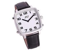 Sprechende Armbanduhr, quadratisch, weißes Zifferblatt, Schwarzes Lederband Tssw-1806s, streifen