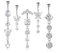 Sprießen Chirurgenstahl Piercing Schmuck Silber,5 StüCk Bauchnabelpiercing Ringe,Bauchnabelpiercing 4mm,HäNgende Schmetterling Und Herz Designs,Blume Bauchnabelpiercing,Bauchnabelpiercing Set
