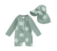 Springcmy Badeanzug für Kleinkinder, Baby, Jungen, Einteiler, langärmelig, Rashguard, Reißverschluss, Badebekleidung mit Hut, Strandmode, Neoprenanzug, 12-24 Monate
