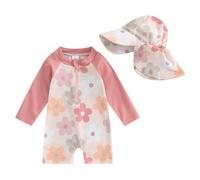 Springcmy Badeanzug für Kleinkinder, Baby, Jungen, Einteiler, langärmelig, Rashguard, Reißverschluss, Badebekleidung mit Hut, Strandmode, Neoprenanzug, Blume/Pink, 62