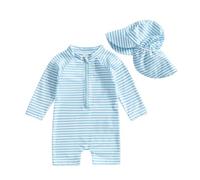 Springcmy Badeanzug für Kleinkinder, Baby, Jungen, Einteiler, langärmelig, Rashguard, Reißverschluss, Badebekleidung mit Hut, Strandmode, Neoprenanzug, Blau gestreift, 12-24 Monate