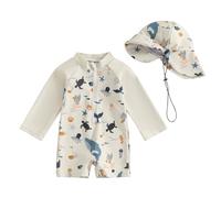 Springcmy Badeanzug für Kleinkinder, Baby, Jungen, Einteiler, langärmelig, Rashguard, Reißverschluss, Badebekleidung mit Hut, Strandmode, Neoprenanzug, 86