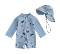 Springcmy Badeanzug für Kleinkinder, Baby, Jungen, Einteiler, langärmelig, Rashguard, Reißverschluss, Badebekleidung mit Hut, Strandmode, Neoprenanzug, 92