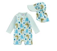 Springcmy Badeanzug für Kleinkinder, Baby, Jungen, Einteiler, langärmelig, Rashguard, Reißverschluss, Badebekleidung mit Hut, Strandmode, Neoprenanzug, Grün, Dinosaurier, 62