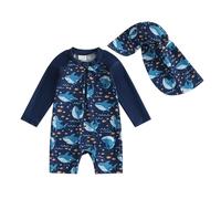 Springcmy Badeanzug für Kleinkinder, Baby, Jungen, Einteiler, langärmelig, Rashguard, Reißverschluss, Badebekleidung mit Hut, Strandmode, Neoprenanzug, 92