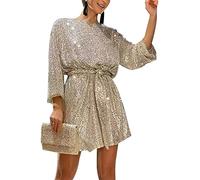 Springcmy Damen-Kleid, langärmelig, Pailletten, Glitzer, Party, glitzernd, lockere Passform, Mini-Etui, kurz, Cocktailkleid, formelles Kleid mit Gürtel, A-golden, Small