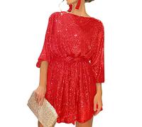 Springcmy Damen-Kleid, langärmelig, Pailletten, Glitzer, Party, glitzernd, lockere Passform, Mini-Etui, kurz, Cocktailkleid, formelles Kleid mit Gürtel, rot (a), Medium