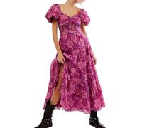 Springcmy Damen-Maxikleid im Boho-Stil, Blumenmuster, gesmokt, lang, Puffärmel, tiefer Schnitt, gestuft, fließender Herzausschnitt, A-Linie, Strandkleid, Sommerkleid, A-purple, L