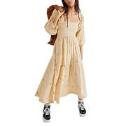Springcmy Damen-Maxikleid mit Blumenstickerei, lange Puffärmel, quadratischer Ausschnitt, gesmokt, gestuft, gerafft, böhmisch, fließendes Kleid, Strandkleid, langes Kleid, A-apricot, L