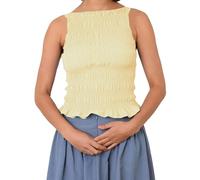 Springcmy Damen Y2K ärmelloses Rüschen-Top mit gesmokten Rüschen, bauchfreies Top, gerafft, Rundhalsausschnitt, Schößchensaum, Tank-Top, Shirt zum Ausgehen, Aa-Gelb, XL