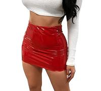 Springcmy Frauen Neon Reißverschluss Rücken Leder Bodycon Mini Röcke Sexy Shiny Liquid Metallic Wet Look Latex Rock Gr. 44, rot