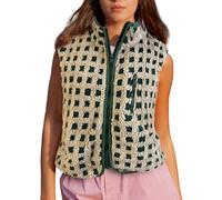 Springcmy Karierte Sherpa-Weste für Damen, ärmellos, Winter-Fleece-Weste, Jacke, Stehkragen, Reißverschluss, kariert, Weste mit Brusttasche, A-grün, XL