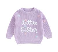 Springcmy Strickpullover für Kleinkinder, Baby, Mädchen, Blume, große / kleine Schwester, Stickerei, langärmelig, Winterpullover, Strickwaren, Flower Little Sister Purple, 3-6 Monate