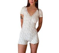Springcmy Y2K Kurzarm-Body für Damen, Sommer, Blumendruck, Knopf, V-Ausschnitt, Shorts, Strampler, Jumpsuit, Clubwear, Overral Streetwear Shorts, O-weiß, L