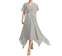 SPSMOKH Kleid mit V-Ausschnitt und Spitzenapplikationen, für die Brautmutter, Tee-Länge, Chiffon, Partykleid, Hochzeitsgästekleid (Silber, 20)
