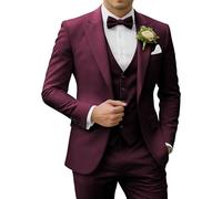 SPTALLFITJSV Herren 3-teiliger Anzug Slim Fit mit Spitzfasson, 2-Knopf-Sakko, Weste: Hose Set für Hochzeit, Business, Abschlussball, Party-Anzug, Weinrot, XS