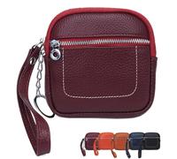 Square Leather Mini Card Wallet Coin Purse, Zipper Small Credit Card Holder Compact Key Pouch for Women, Coins and Cards (Red)