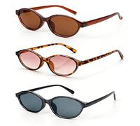 SREBIWO 3 Stück Retro Oval Sonnenbrille Damen Herren, 90er Vintage Kleine Schmale Skinny Trendy Cat Eye Sunglasses für Party Karneval Festival, Camping, Fotografie, Outdoor