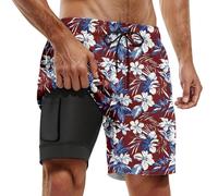 SRZYMJ 2 in 1 Badehose Herren Kurz mit Kompression Liner Atmungsaktiv Badeshorts Männer Elastisch Trainingsshorts Verstellbar Tunnelzug mit Reißverschlusstaschen Wein L
