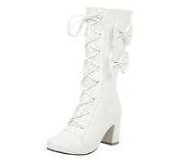 SRZYMJ Cowboystiefel Damen Stiletto Kniehohe Stiefel Hohe Absätze Reißverschlussstiefel Reitstiefel Runde Winterstiefel Wasserfeste Mittelrohrstiefel Leder Stiefel Stiefel Schwarz Weiß 37-42