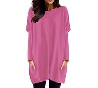 SRZYMJ Damen Lang Shirt Rundhals Kurzarm Oberteil Einfarbig T-Shirt Tunika Loose Casual Kurzarmshirt mit Tasche Elegant Pullover Sweatshirt Lässig Tops Rundkragen Oversize Longshirt Rot 3XL