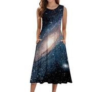 SRZYMJ Galaxy Kleid Damen Sternenhimmel a Linien Kleid Sommerkleid T-Shirt Kleid Planeten Kurzarmkleid Sonne Mond Sterne Kostüm Digitaldruck Universum Kostüm Weltall Kostüm Gold 3XL