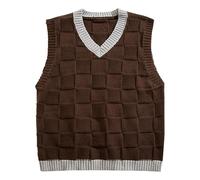 SRZYMJ Herren Pullunder V-Ausschnitt Kariert Slim Fit Strickweste Winter Warm Business Pullover Herren Schwarz Wollweste Business Ärmellose Strickpullover Freizeit Pullover Weste Braun Strickwesten M