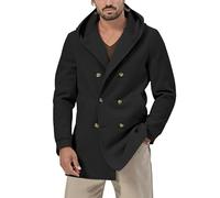 SRZYMJ Schwarz Herren Wintermantel Wolle Kurzmantel Stehkragen Wollmantel Mittellang Slim Fit für Business Freizeit Peacoat Jacke Herren Übergangsjacke Mit Kapuze Leichte Sommerweste Wollmantel L