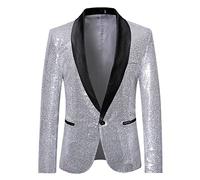 SRZYMJ Silber Sakko Herren Baumwoll Regular Fit Schalkragen Anzugjacke 2 Knopf Jacke mit Reverskragen Strick Sakko Herren Anzug Regular Fit für Arbeit,Party,Business Lederblazer Für Männer Hemd XXL